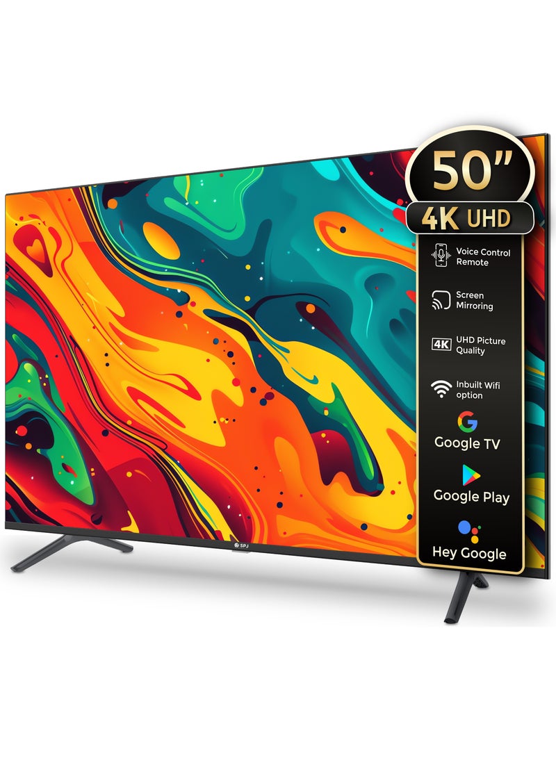 اس بي جي تلفزيون SPJ الذكي LED بنظام أندرويد بدقة 4K UHD مقاس 50 بوصة، شاشة HDR، واي فاي، جهاز تحكم عن بعد للتحكم الصوتي، منافذ HDMI وUSB، نتفليكس، يوتيوب، وجوجل بلاي، أسود - Image 1